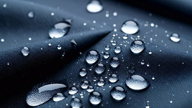 Water Droplets on Fabric: A macro view presents clear water droplets clinging to the surface of a sleek, textured fabric, displaying concepts of texture and the ability of fabric to repel water.