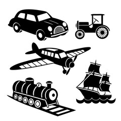 Vintage transportation silhouettes airplane train