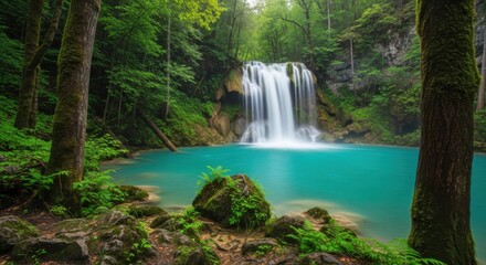 Obraz premium A Majestic Waterfall Cascading into a Turquoise Pool Surrounded by Lush Green Forest