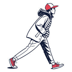 Young man walking with red cap and sneakers striped shirt