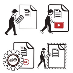 Workers interacting with document icons file technology