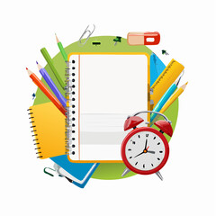 Notebook, alarm clock and stationery on colored background with space for text