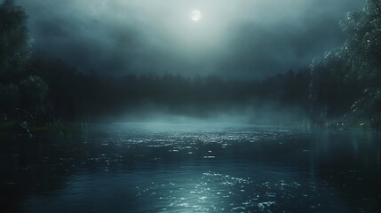 Misty night river landscape