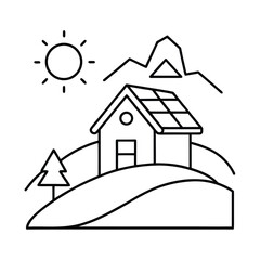 Naklejka premium Outlined Solar House On Green Hillside Representing Eco Friendly Living And Clean Energy Design vector line art on white background