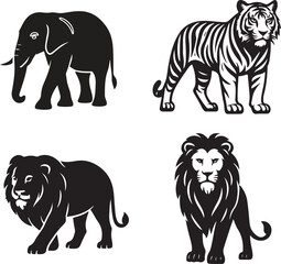 African Safari Silhouette: Tiger, Lion & Elephant Vector Illustration

