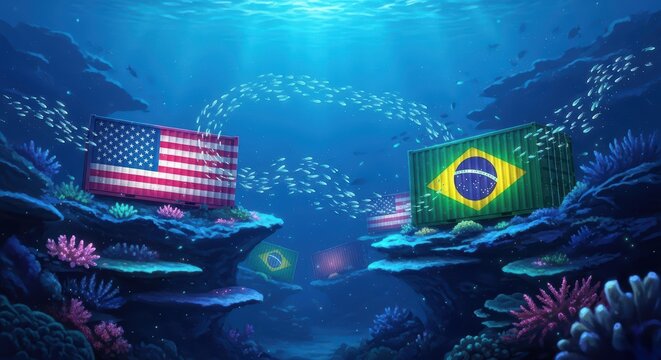 Underwater Scene with American and Brazilian Flags Floating Among Coral Reefs - Powered by Adobe