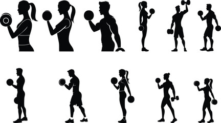 Obraz premium Fitness exercise vector set with dumbbell and weightlifting poses