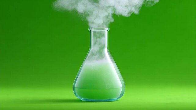 Glass Laboratory Flask With Green Liquid Releasing Steam On A Bright Green Background
