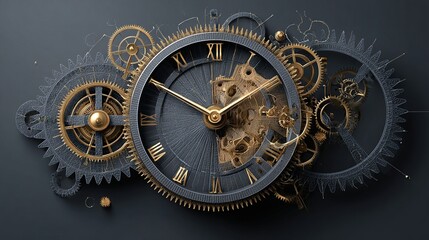 Obraz premium Ornate clockwork mechanism with gears, roman numerals, and metallic finishes