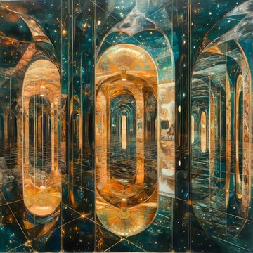 Labyrinth of mirrors reflecting alternate realities disorienting kaleidoscope effect
