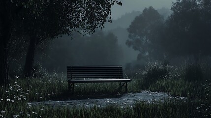 Misty park bench in dark forest