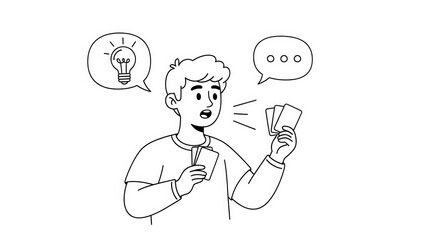 Young Man Surprised Holding Cards with Thoughtful Expression in Black and White Line Drawing