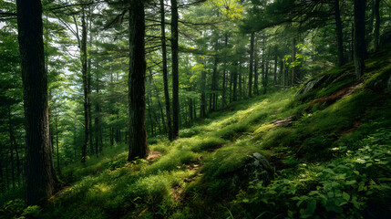 Obraz premium Sun-dappled Green Forest Hillside with Tall Trees and Lush Undergrowth, a Serene Woodland Landscape Bathed in Golden Light and Verdant Foliage