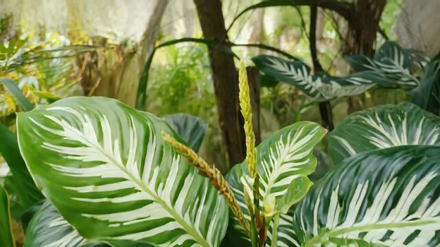 Calathea ornata sanderiana leaves growing in botanical garden