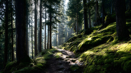 Obraz premium Enchanting Sunlight Piercing Through Towering Trees on a Verdant Forest Path, Illuminating Moss-Covered Ground in a Mystical Woodland Scene.