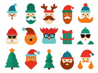 Photo of collection of christmas santa claus faces and trees