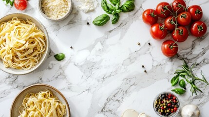 Fresh cherry tomatoes basil and pasta ingredients on marble kitchen counter top for cooking