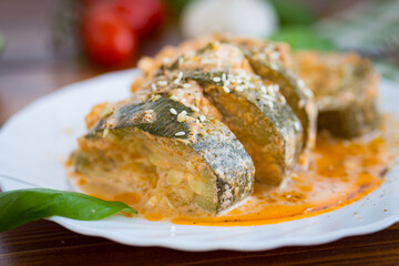 Vegetable dish of zucchini with spicy sauce and spices
