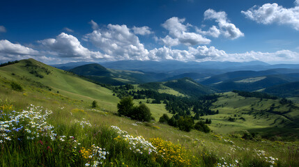 Fototapeta premium Vibrant Summer Landscape of Rolling Green Mountains with Blooming Wildflowers Under a Dynamic Blue Sky and Fluffy White Clouds