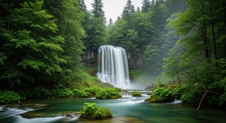 Cascading Waterfall Amidst Lush Green Forest and Serene River Flow