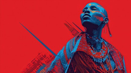 Tribal figure portrait, blue skin, orange accents, against a red, graphic backdrop