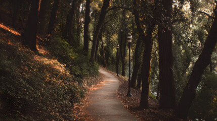 Obraz premium Peaceful winding path through a sun-dappled forest with ancient trees and elegant lampposts, creating an inviting natural tunnel