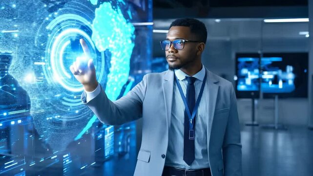 Businessman technology digital interface touchscreen innovation data futuristic office professional confident man interacts with virtual screen - Powered by Adobe