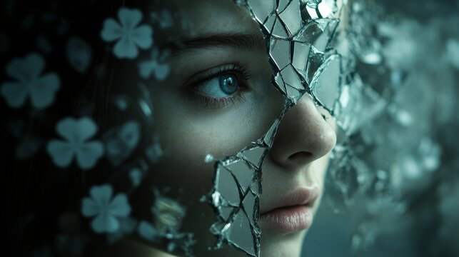 A close-up of a person's face partially covered with shattered mirror fragments reflecting blue eye details amid soft-focus floral patterns.
