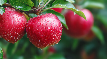 Obraz premium Fresh red apples with water droplets, vibrant against green foliage. Nature's crisp bounty in morning light.