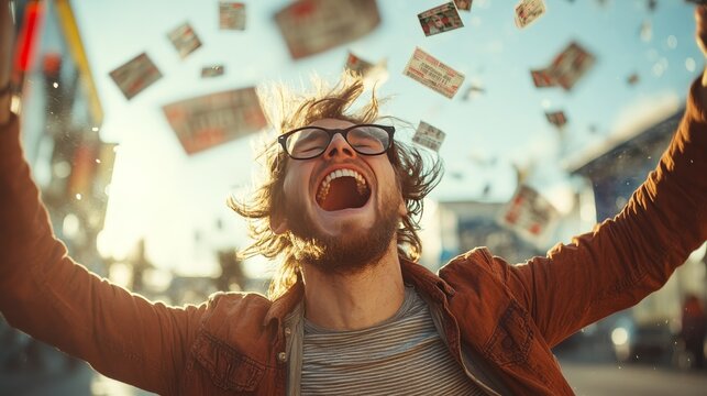 Excited man shouting in joy outdoors as winning lottery tickets fly in the air under bright daylight in the city.

