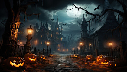 jack o'lantern in graveyard in the spooky night halloween