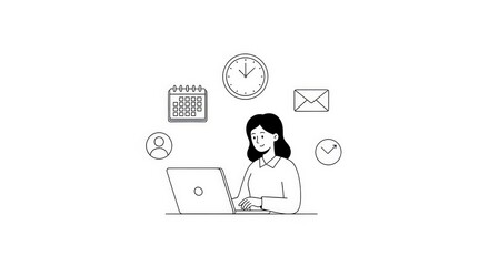 Woman Working on Laptop Surrounded by Clocks Calendar Email Icon in Minimalist Line Art Style