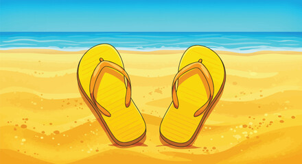 Beach scene illustration featuring yellow flip-flops and blue ocean under a sunny sky