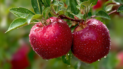 Obraz premium Fresh red apples with water droplets, vibrant against green foliage. Nature's crisp bounty in morning light.