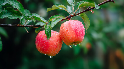 Obraz premium Fresh red apples with water droplets, vibrant against green foliage. Nature's crisp bounty in morning light.
