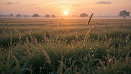 A wide-open grassy field at dawn, with dew-covered grass glowing in the golden morning light. Peaceful and natural, captured in ultra-realistic style.