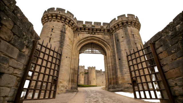 Explore medieval castle architecture travel destination europe ancient fortress landmark history tourism gate  isolated on transparent background