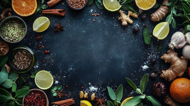Assorted fresh herbs spices and citrus fruits arranged on dark background for cooking and culinary preparation