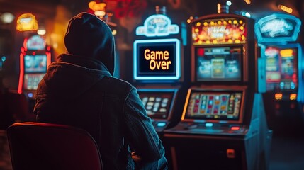 A person in a hooded jacket sits in front of a "Game Over" slot machine in a dimly lit casino filled with colorful gaming machines.