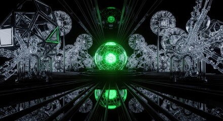 Obraz premium Abstract Neon Green Crystal Sphere Futuristic Cyberpunk Cityscape Reflection Art