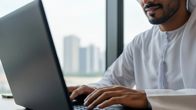 Arab Man Working on Laptop in Modern Office