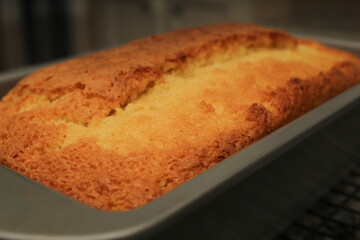 Freshly Baked Pound Cake in Warm, Casual Kitchen Environment