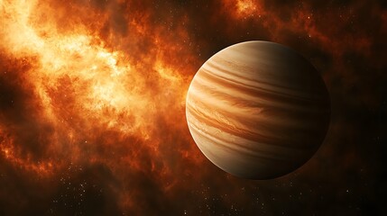 Gaseous planet amidst fiery celestial background