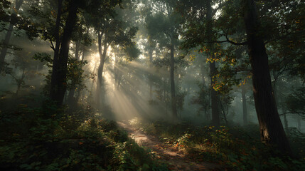 Naklejka premium forest, tree, sun, nature, sunlight, light, trees, morning, landscape, fog, autumn, mist, green, wood, road, park, ray, path, woods, sunrise, summer, sunbeam, misty, leaf, fall