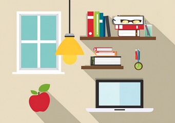 Stylized office with laptop and bookshelf