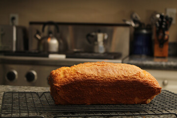 Freshly Baked Pound Cake in Warm, Casual Kitchen Environment