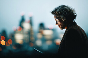 Man Using Tablet with City Lights