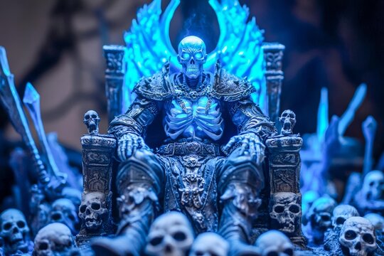 Lich king on a bone throne skulls and dark magic runes icy blue glow