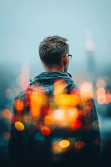 Man Overlooking City with Bokeh