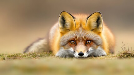 Close-up of a red fox resting on grass